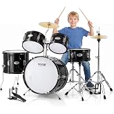 VEVOR Kids Drum Set, 5 Piece 16in Beginner Youth Full Drum Set with Bass Toms Snare Floor Drum Adjustable Throne Cymbal Hi-Hat Pedal and Two Pairs of Drumsticks, Starter Drum Kit for Child Kids, Black