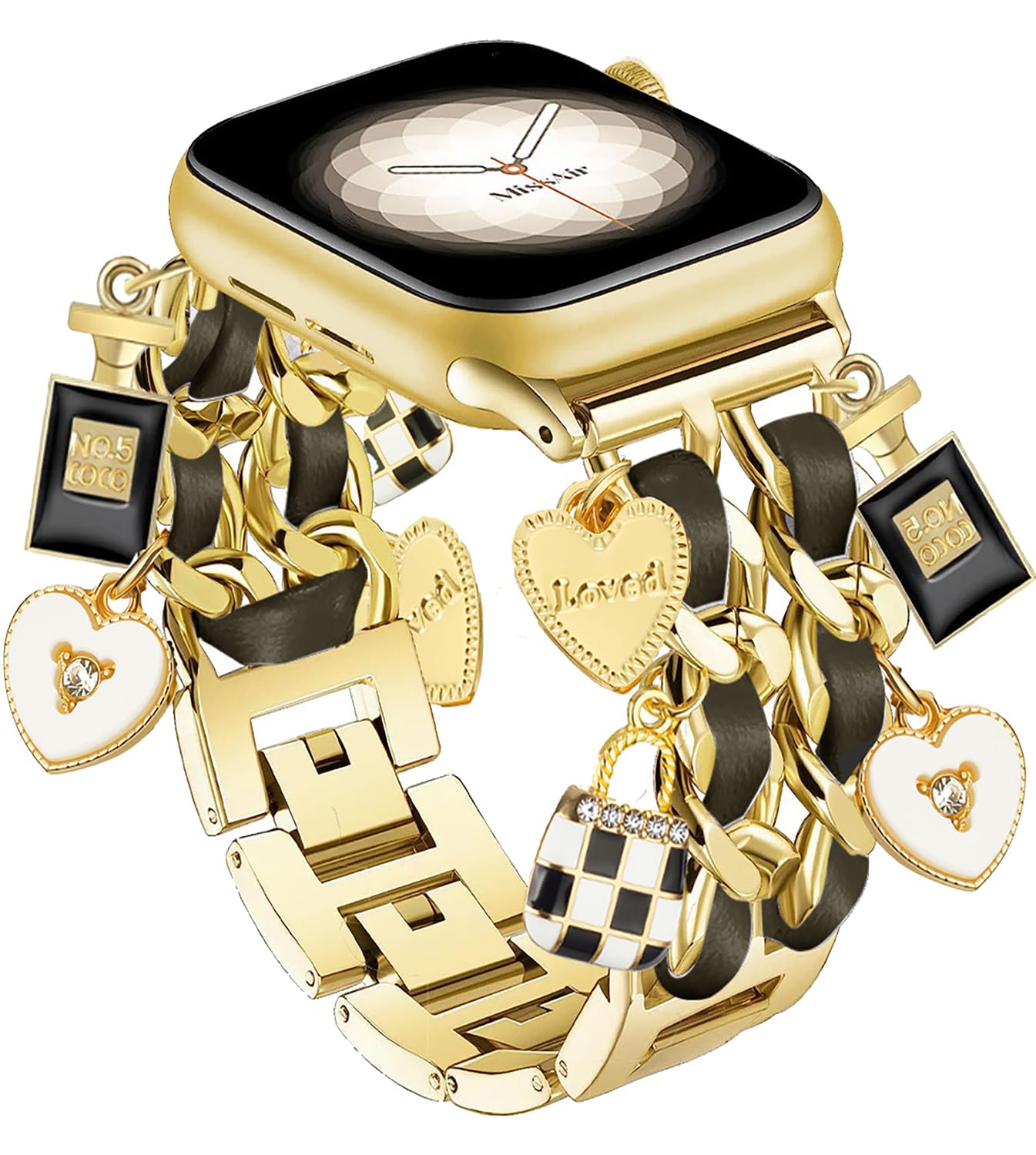 Bracelet Band with Cute Charm Compatible for Apple Watch 42mm 44mm 45mm 46mm 49mm Women, Cuban Chain Strap for iWatch Series 10 9 8 7 6 5 4 3 2 SE Ultra 1/2, Black&Gold