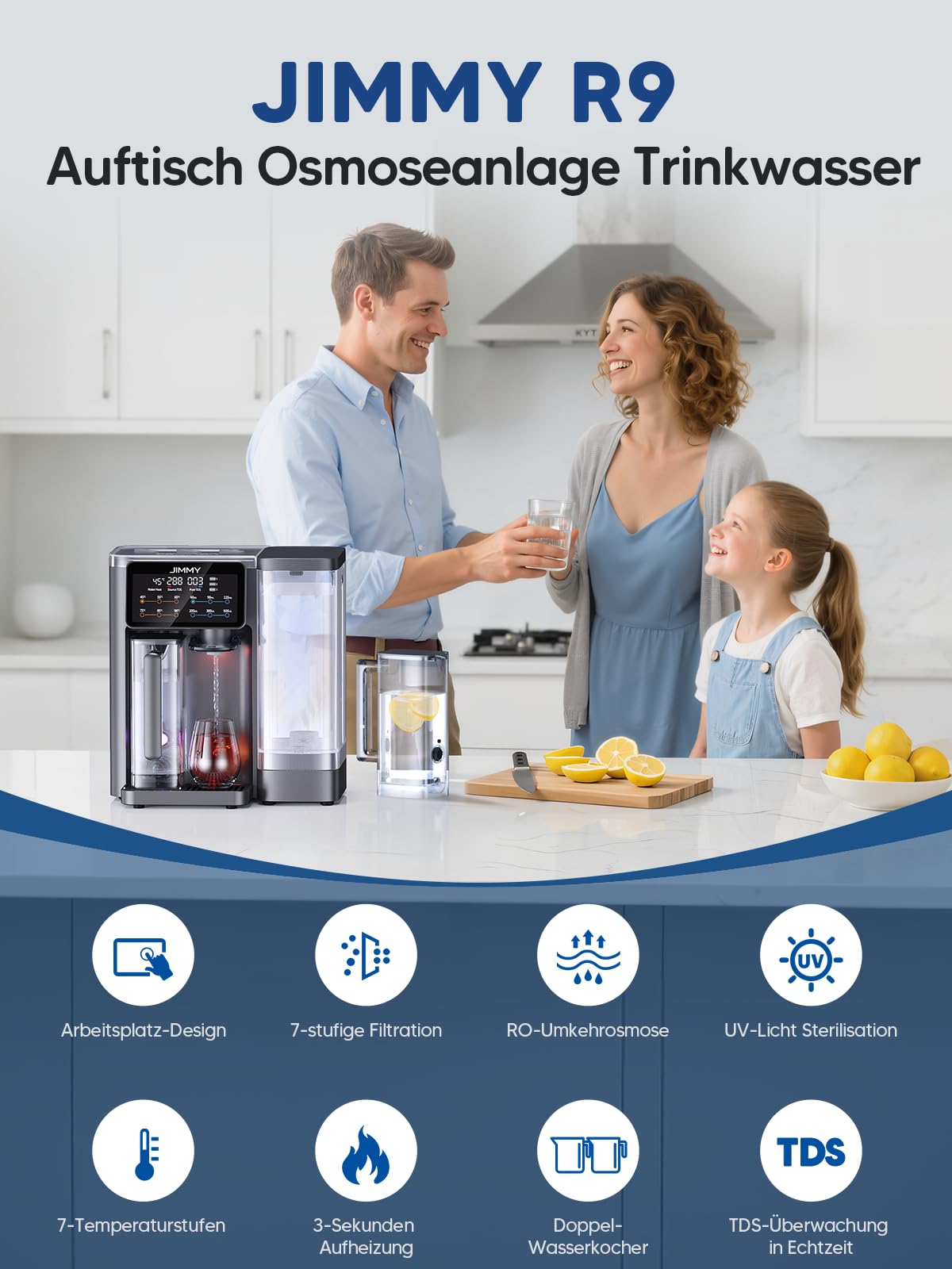 Jimmy R9 Osmoseanlage Trinkwasser Auftisch, Umkehrosmoseanlage Wasserfilter, mit Heißwasserspender, 7-stufiger Filterung RO & Mineralien, UV, 3S-Heizung, 7 Temperaturoptionen, Echtzeit-TDS-Monitor 2