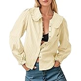 Tankaneo Womens Peter Pan Collar Shirts Puff Long Sleeve Button Down Cotton Blouse Casual Fall Textured Tops