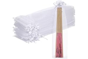 BEAVORTY 50pcs Sheer Organza Fan Bags Drawstring Organza Folding Hand Fan Pouch Folding Fan Organza Pouch for Hand Fans (White)