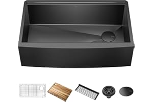 KRAUS Kore Workstation 33-inch Farmhouse Modern Flat Apron Front 16 Gauge Black Stainless Steel Single Bowl Kitchen Sink in PVD Gunmetal Finish with Accessories, KWF410-33/PGM