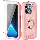 Cookiver Compatible with iPhone 15 Pro max Case 6.7" - Heavy-Duty Shockproof Military-Grade Rugged Cover with Ring Stand, Glass Screen Protector & Camera Lens Protector (Pink)