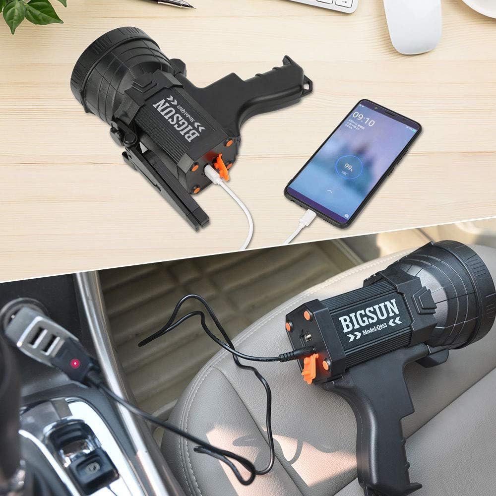 BIGSUN Q953 10000mAh Rechargeable LED Spotlight, Super Bright 6000LM Flashlight, 5 Light Modes Marine Boat Light, IPX4 Waterproof Emergency Lamp, Wall and USB Charger Included - - 