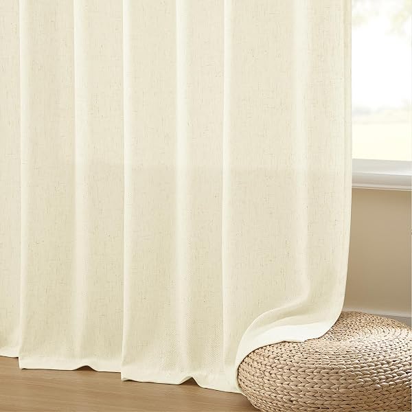 PANGSINNE BEIGE HEAVY DUTY LINEN CURTAINS – 108 INCHES LONG THICK LINEN TEXTURED SEMI SHEER CURTAIN FOR LIVING ROOM NEUTRAL PINCH PLEATED LIGHT FILTERING CEILING