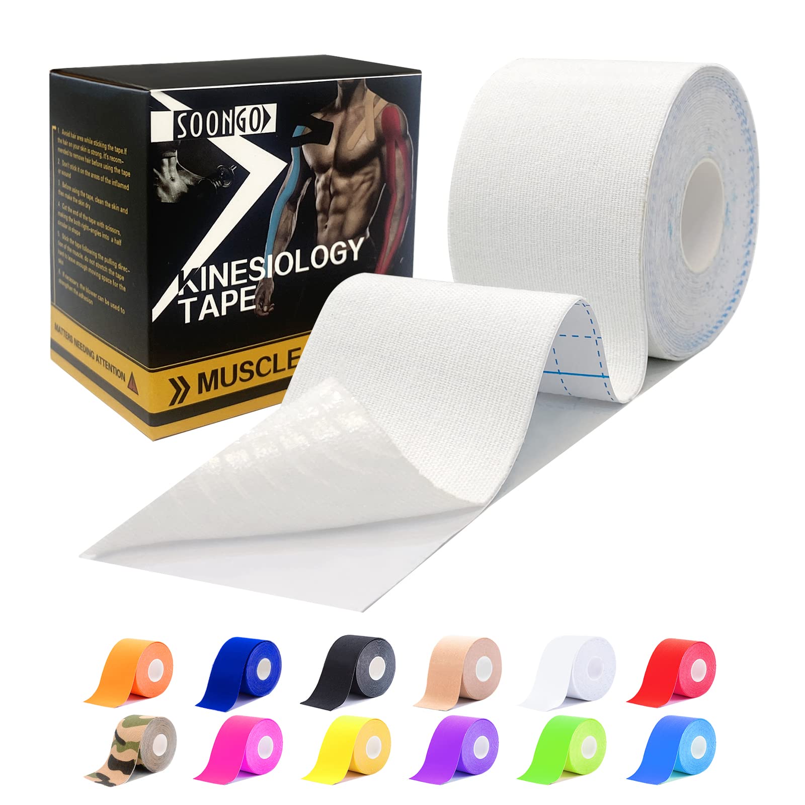 Sports Tape 1/2/5 Roll Relieve Muscle Soreness and Strain Shoulders Wrists Knees Ankles Elastic Waterproof Good Air Permeability Hypoallergenic 5cm*5m By SOONGO (White)