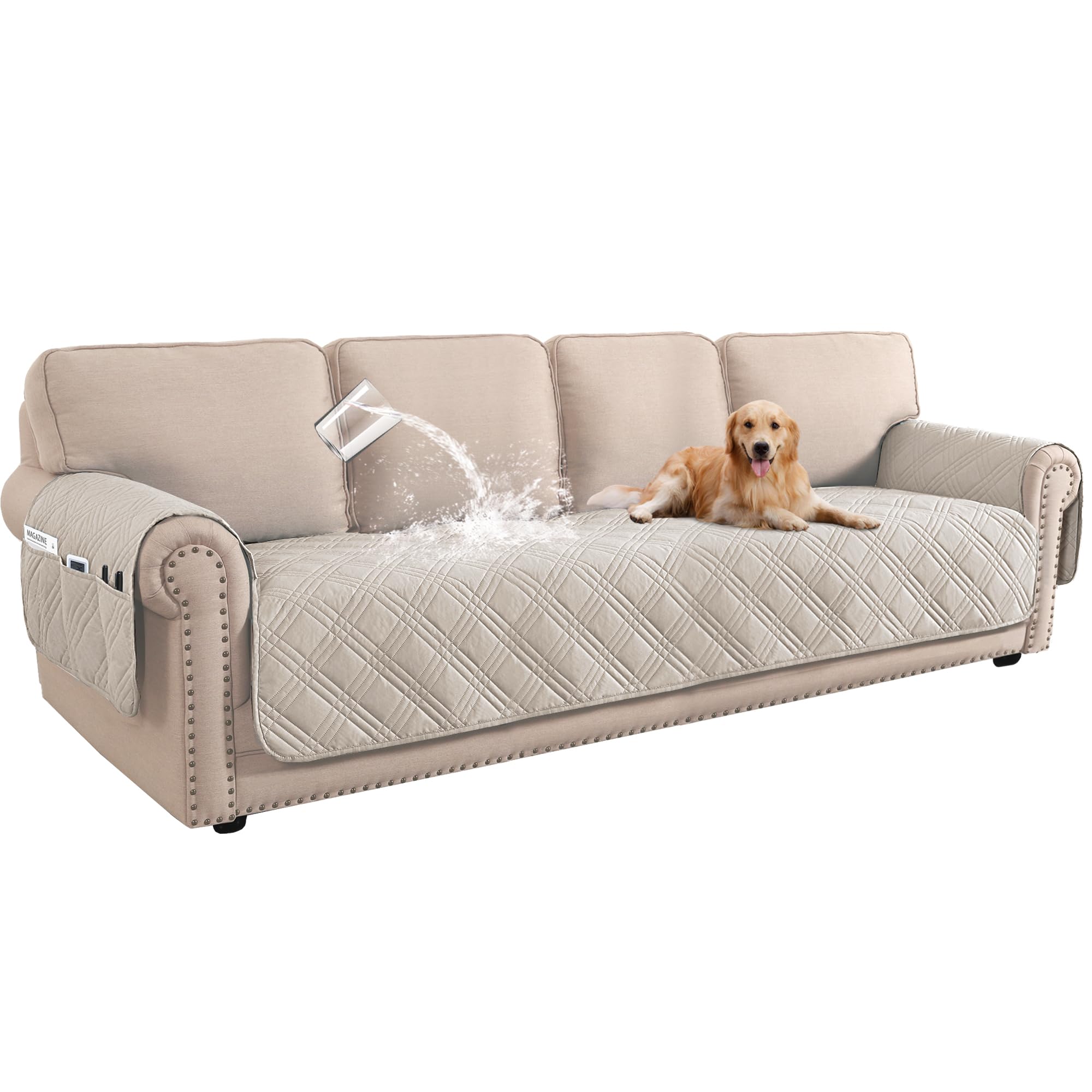 BellaHills 100% Waterproof Sofa Cover 4 Seater Slipcovers Couch Cover for Living Room Washable Sofa Seat Covers with Side Pocket Pet Couch Protector (French Oak)