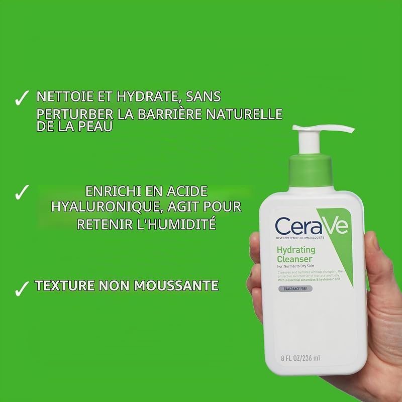 Lotion nettoyante avec hyaluron, glycérine et trois céramides essentiels, nettoyant doux et hydratant, sans parfum ni parfum, 88 ml