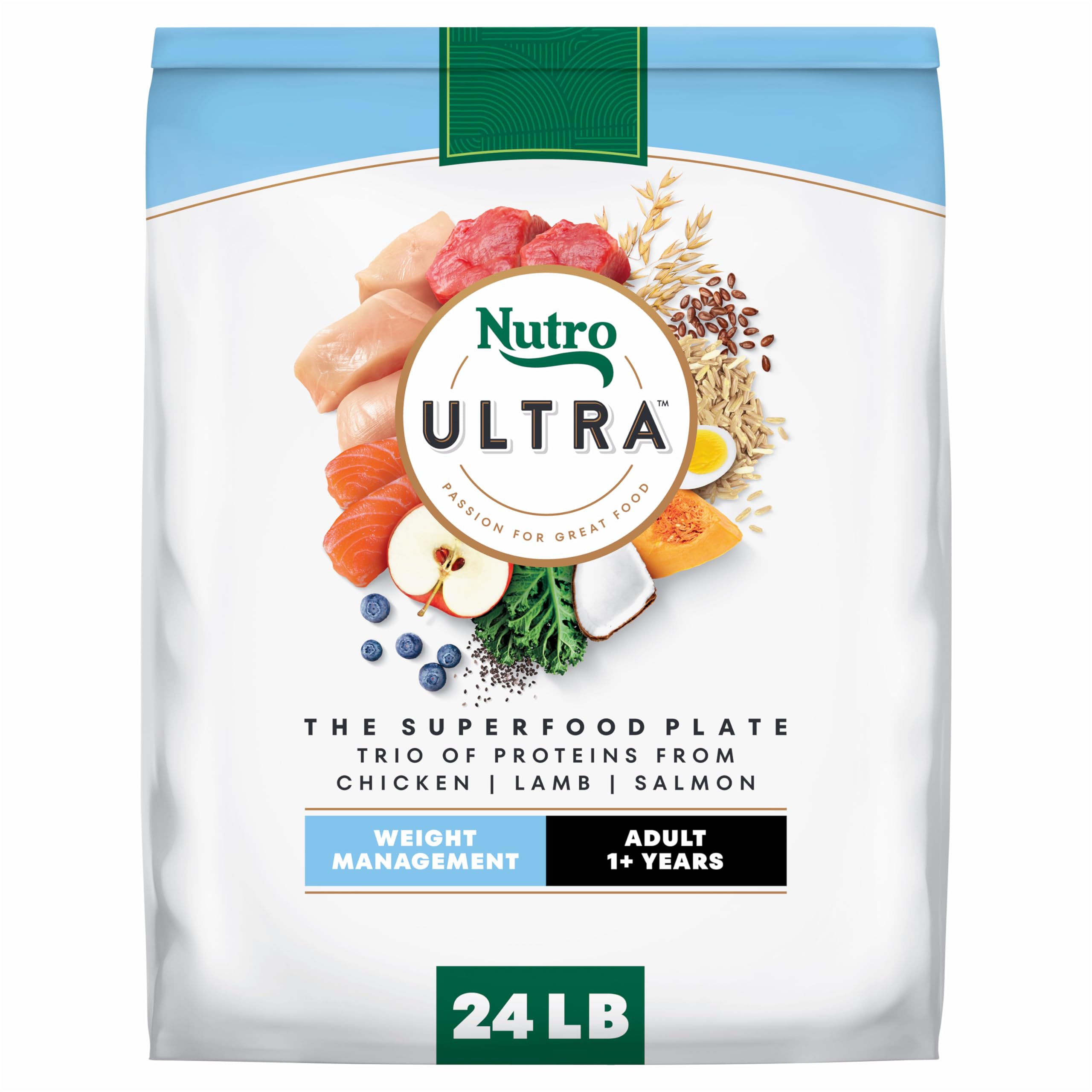 View 1 of **EXP:JAN/08/2026** Nutro Ultra Adult Weight Management Dry Dog Food, Chicken, Lamb and Salmon Protein Trio, 24 lb Bag