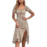 SPRIME Women's Floral Summer Casual Dress Square Neck Puff Sleeve Boho Midi Dresses Ruched Bust High Waist Split Long Dress