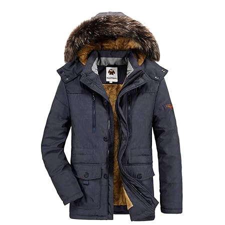 Warme Winterjacke Herren mit Fellkapuze Outdoor Gefüttert Baumwolle Jacke Männer Dicker Wintermantel Parka Jacke Blau L