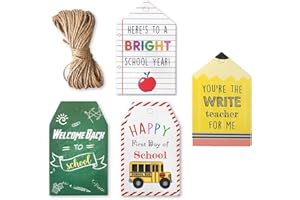 JOKMAE 40PCS Back to School Gift Tags - First Day of School Kraft Label Tags with Jute String, Appreciation Party Favors Decorations, School Supplies Candy Baking Wrap Art Cards for Teacher Students