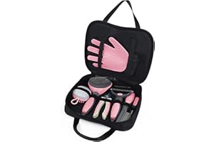 Wisedog Pet Grooming Kit - Nail Clipper Set, Dematting & Hair Removal Combs, Bath Brush, Mitts (Upgraded Pink)