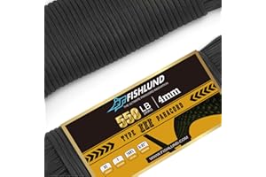 FISHLUND Paracord 550 lb, 7 Strand Paracord Rope 50ft 4mm, Nylon Parachute Cord for Camping, Black