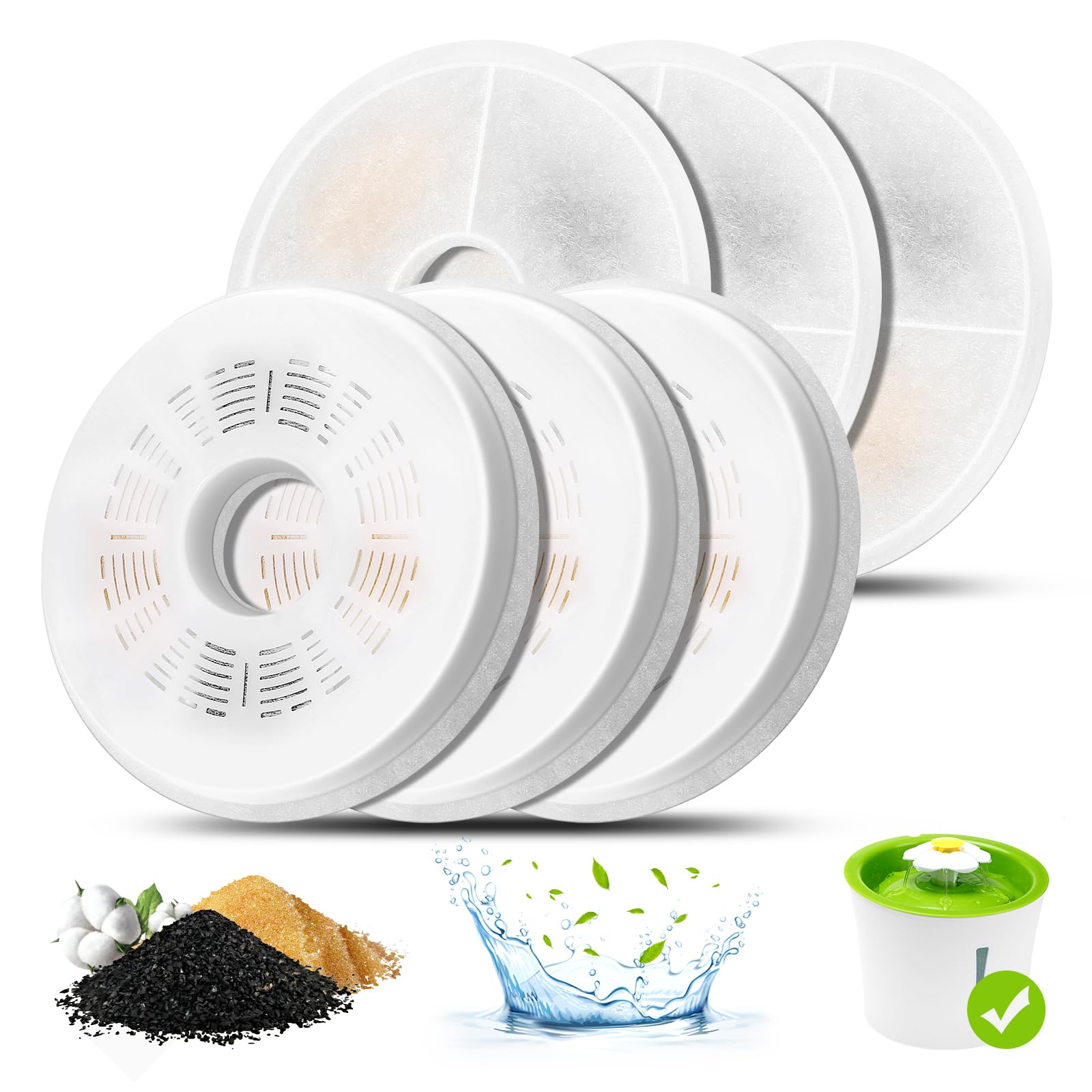 Cat Water Fountain Filters, 6 Pack Triple Action Water Fountain Filters, Replacement Cat Drinking Fountain Filters, Activated Carbon Filter Compatible with 3L Flower Pet Water Dispenser Fountain