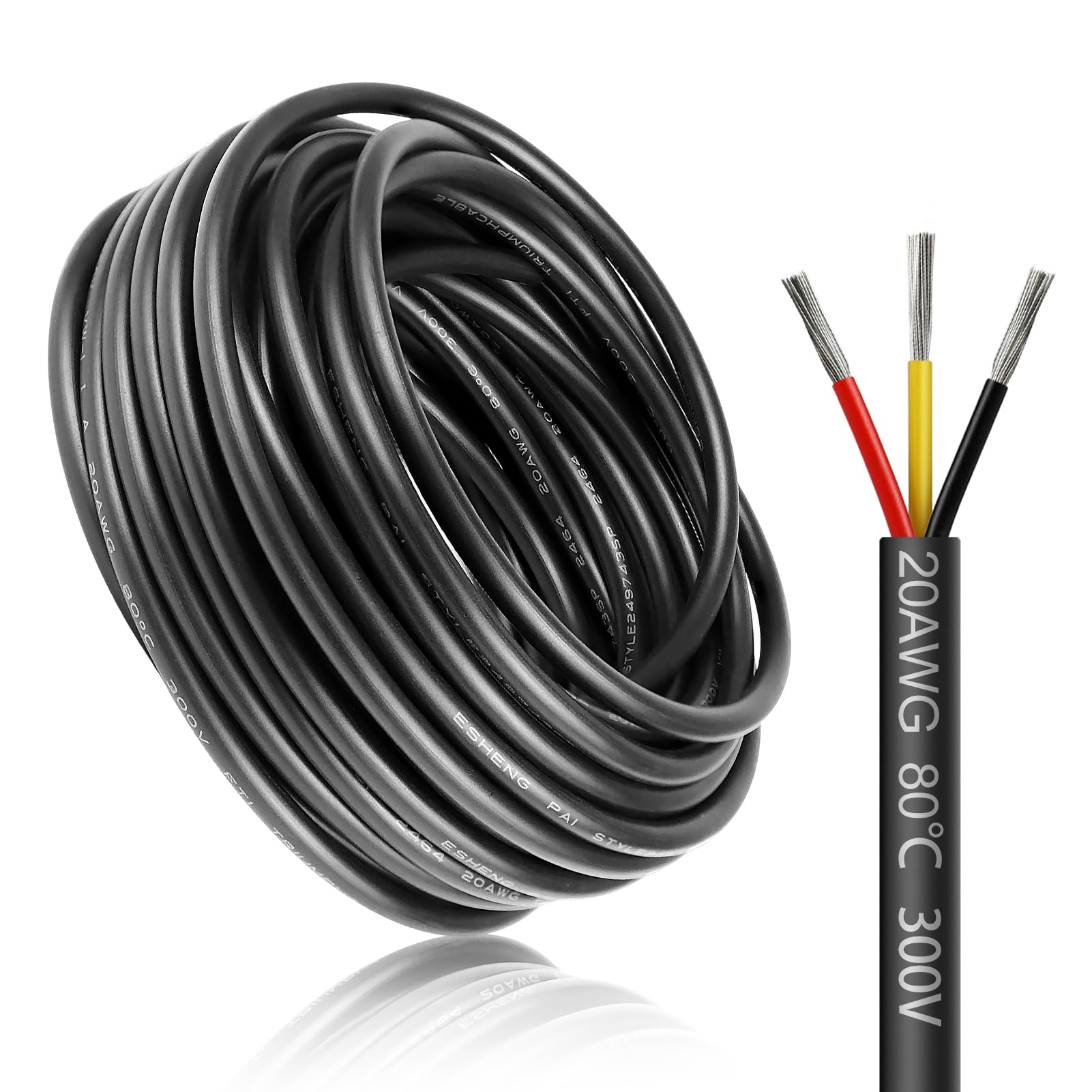 LightingWill 49.2FT/15M 20AWG 3x0.5mm² Electrical Wire 3 Core Cable, 20 Gauge 5V/12V/24V/240V/300V Low Voltage Extension Cable, Tinned Copper Wires, Flexible Wire High Temperature Resistant