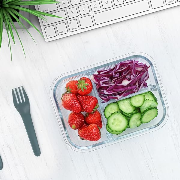 M MCIRCO [5-PACK, 36 OZ] GLASS MEAL PREP CONTAINERS 3 COMPARTMENT WITH LIDS, GLASS LUNCH CONTAINERS,FOOD PREP LUNCH BOX,BENTO BOX,MICROWAVE, OVEN, FREEZER, DISHWASHER (4.5 CUPS)
