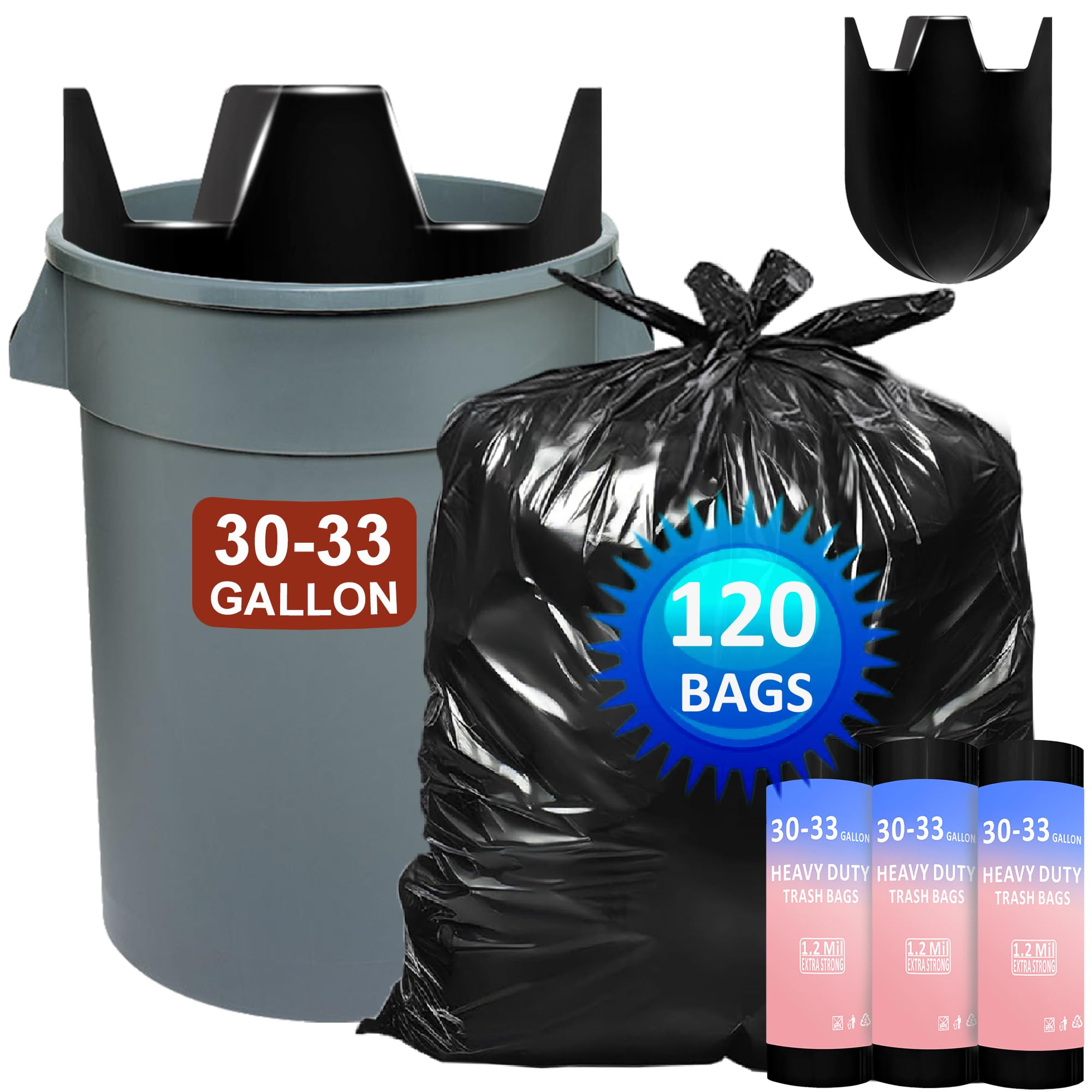 Photo 1 of 30-33 Gallon 1.2 Mil Heavy Duty Trash Bags 120 Count with 4 Innovative Flap Ties | Compatible with Rubbermaid Brute & Winco & Behrens 30-33 Gallon Round Trash Can | Tear & Leak Resistant Black