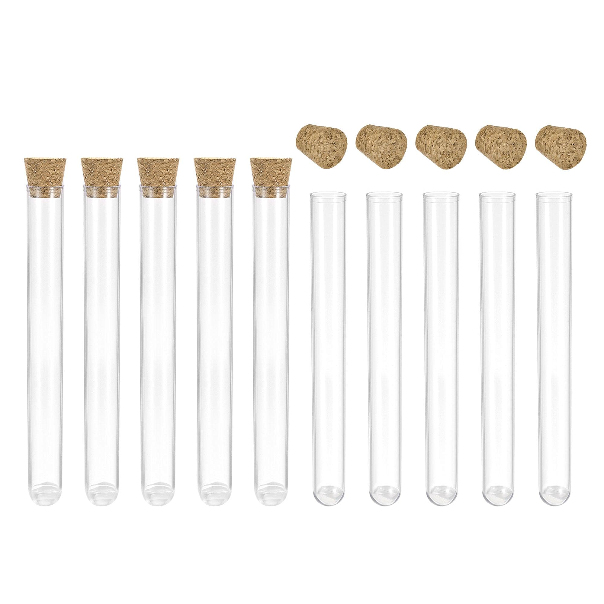 sourcing map 30Pcs PS Plastic Test Tubes with Cork Stoppers, Round Base, 12x100mm, Storage Container for Scientific Experiments Sample Display Decorations