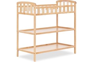 Dream On Me Emily Changing Table, Compact and Portable, Solid New Zealand Pinewood, Safety Rails, Two Storage Shelves, Includes Water-Resistant 1" Changing Pad — Natural