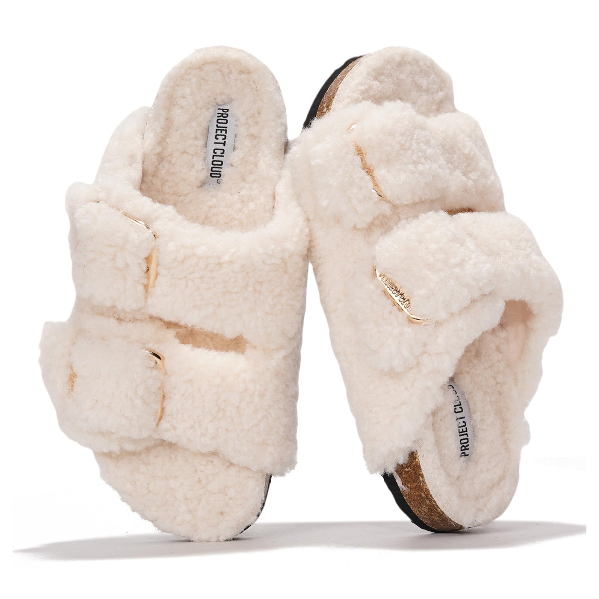 Project Cloud 100% Genuine Leather Flat Sandals for Women 2026 Comfortable Beach Essentials Womens Sandals Memory Foam Vacation Essentials Slides for Women Footwear (SantoriniFur,OFFW,6) Image