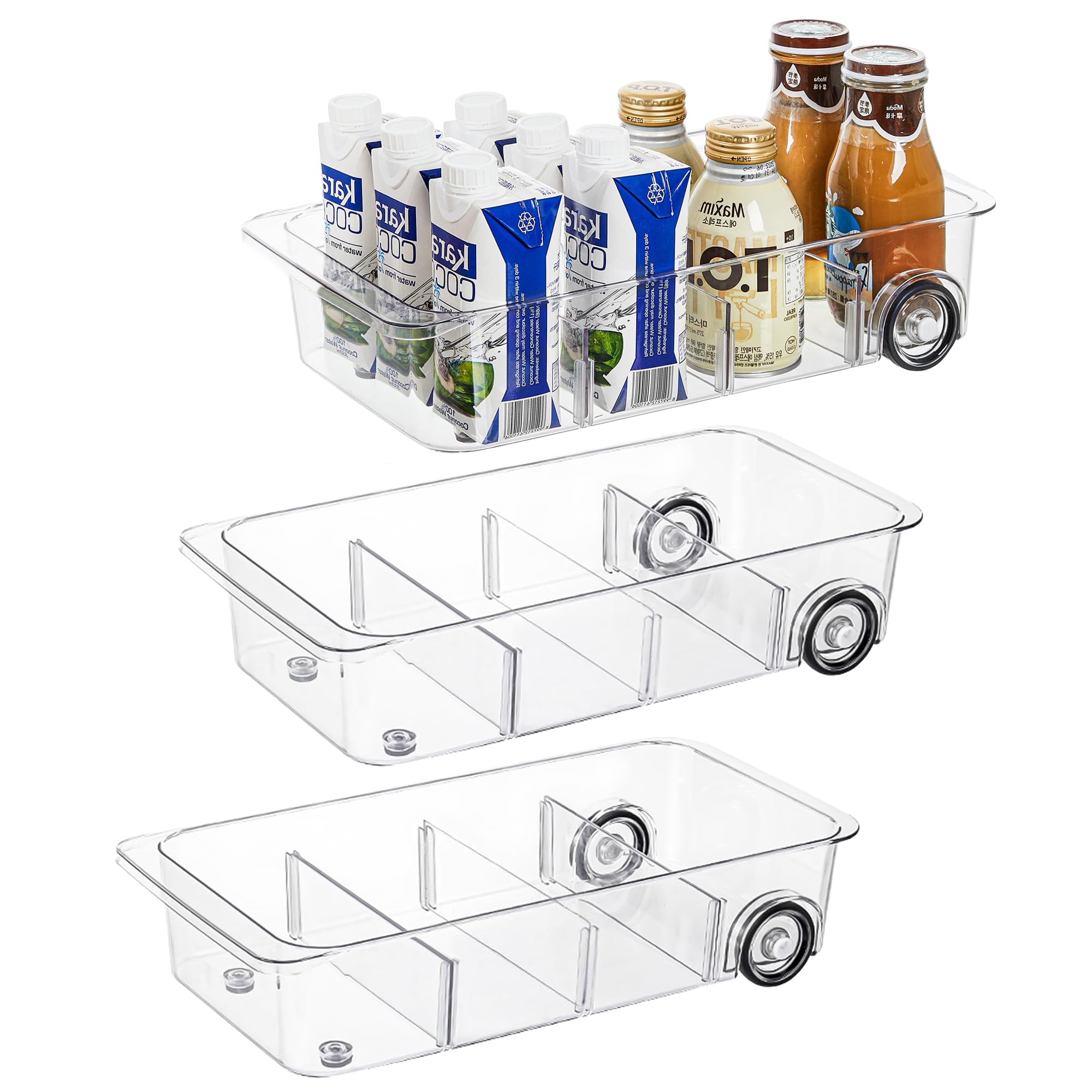 Photo 1 of Attelite 3 Pack Fridge Organizer on Wheels,Roll Out Refrigerator Organizers and Storage Clear Design with Dividers,Upgrade Thick Plastic Storage Bins with Wheels, Kitchen Organization