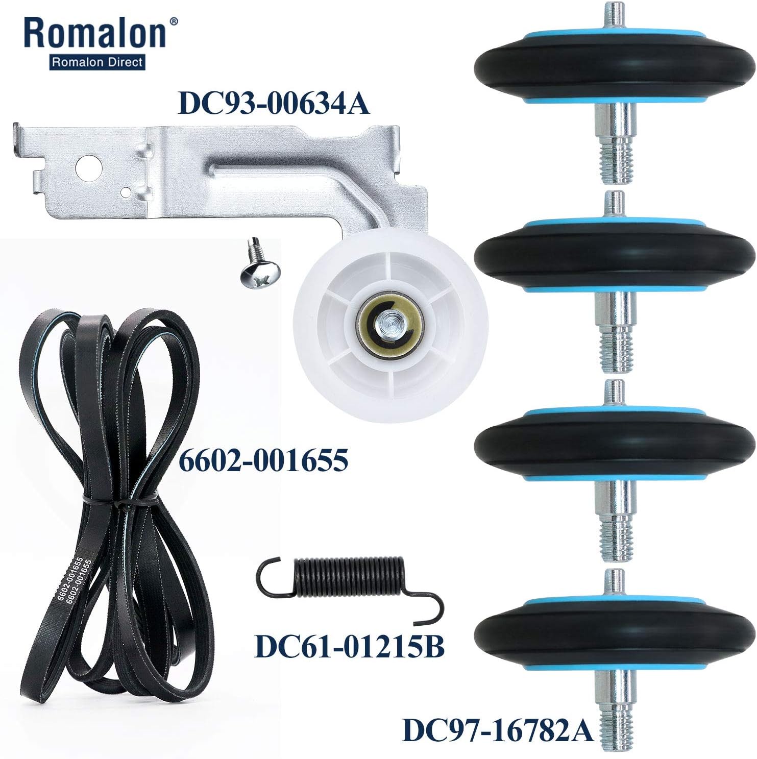 DC97-16782A Dryer Repair Kit for Samsung, Replacement Parts (Sam-DC97-16782A) Dryer Drum Roller, (DC93-00634A) Dryer Idler Pulley, (6602-001655) Dryer Drum Belt, (DC61-01215B) Tension Spring: Home Improvement