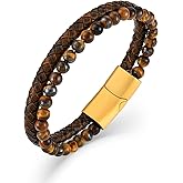 Raymard Mens Tiger Eye Matee Black Onyx Lava Rock Volcanic Stone Beaded Bracelet, Black Braided Leather Bracelet for Men
