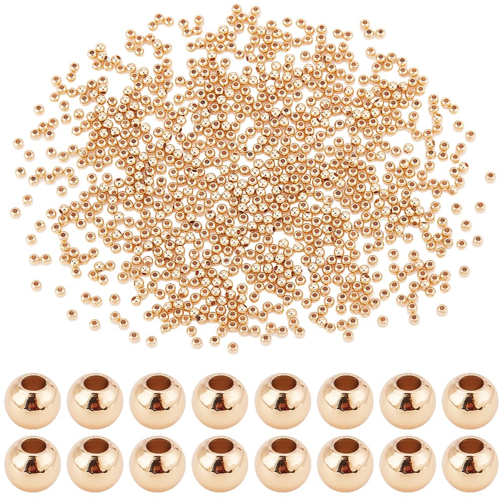 PH PandaHall 1200pcs 4mm 14K Gold Beads Round Spacer Beads Waist Beads Loose Beads Smooth Metal Brass Beads for Bikini Belly Chain Summer Beach Layered Bracelet Satellite Jewellery Making