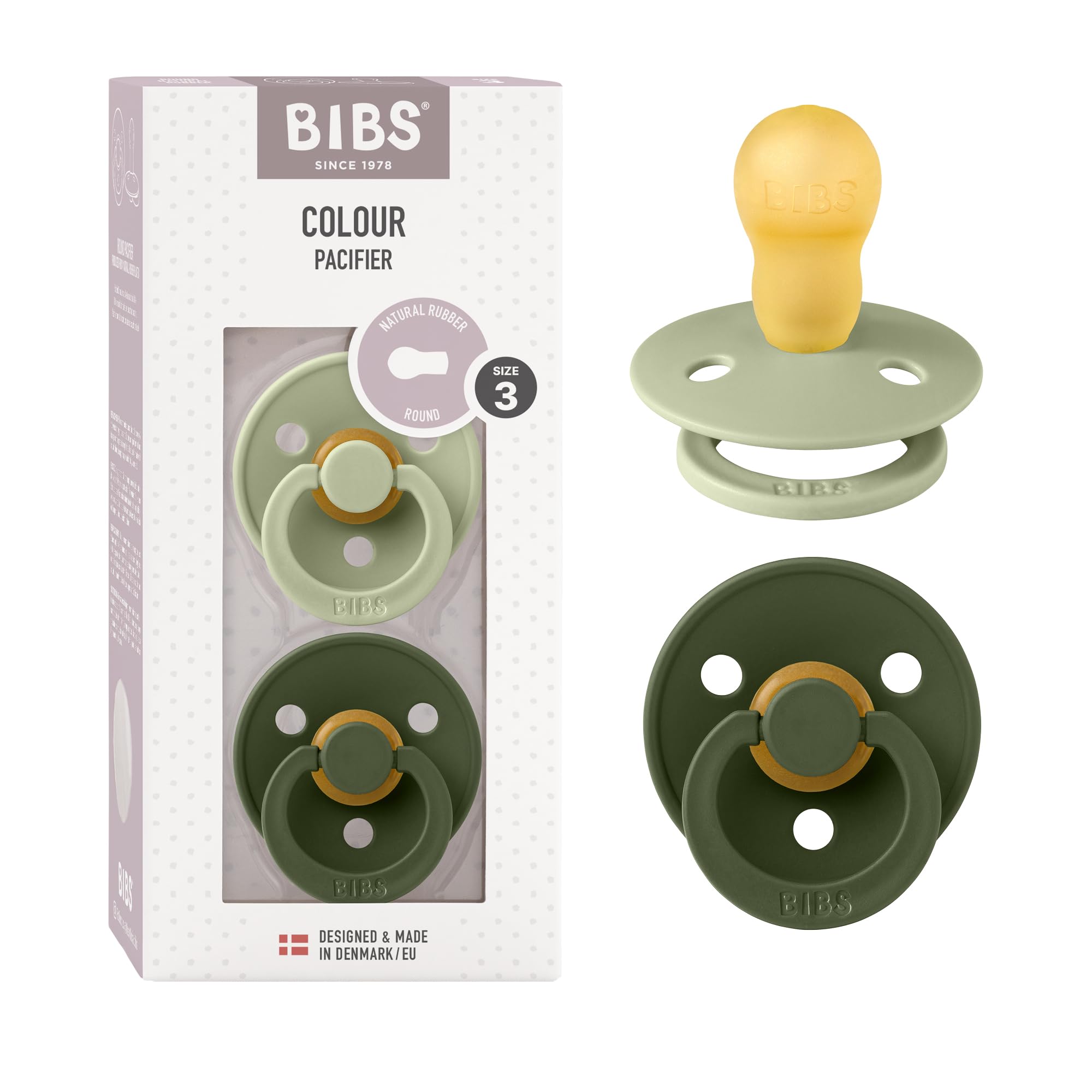 BIBS Colour Soother 2-Pack, BPA Free Dummy Pacifier, Round Nipple. Natural Rubber Latex, Size 3 (18+ Months), Sage/Hunter Green