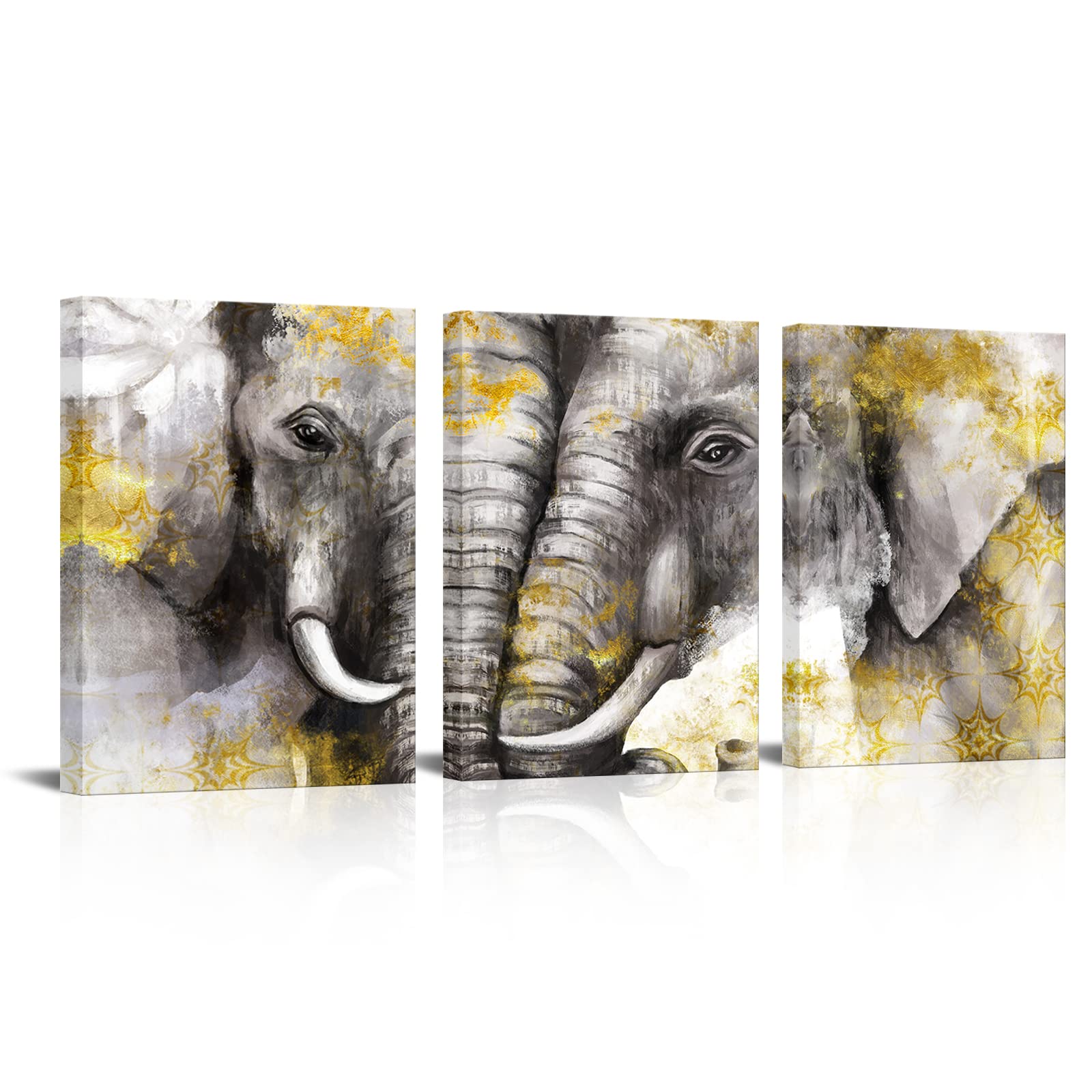 Visual Art Decor 3 Pieces Elephants Canvas Wall Art Vintage Animals Painting Giclee Prints Ready to Hang for Modern Home Living Room Bedroom Decoration