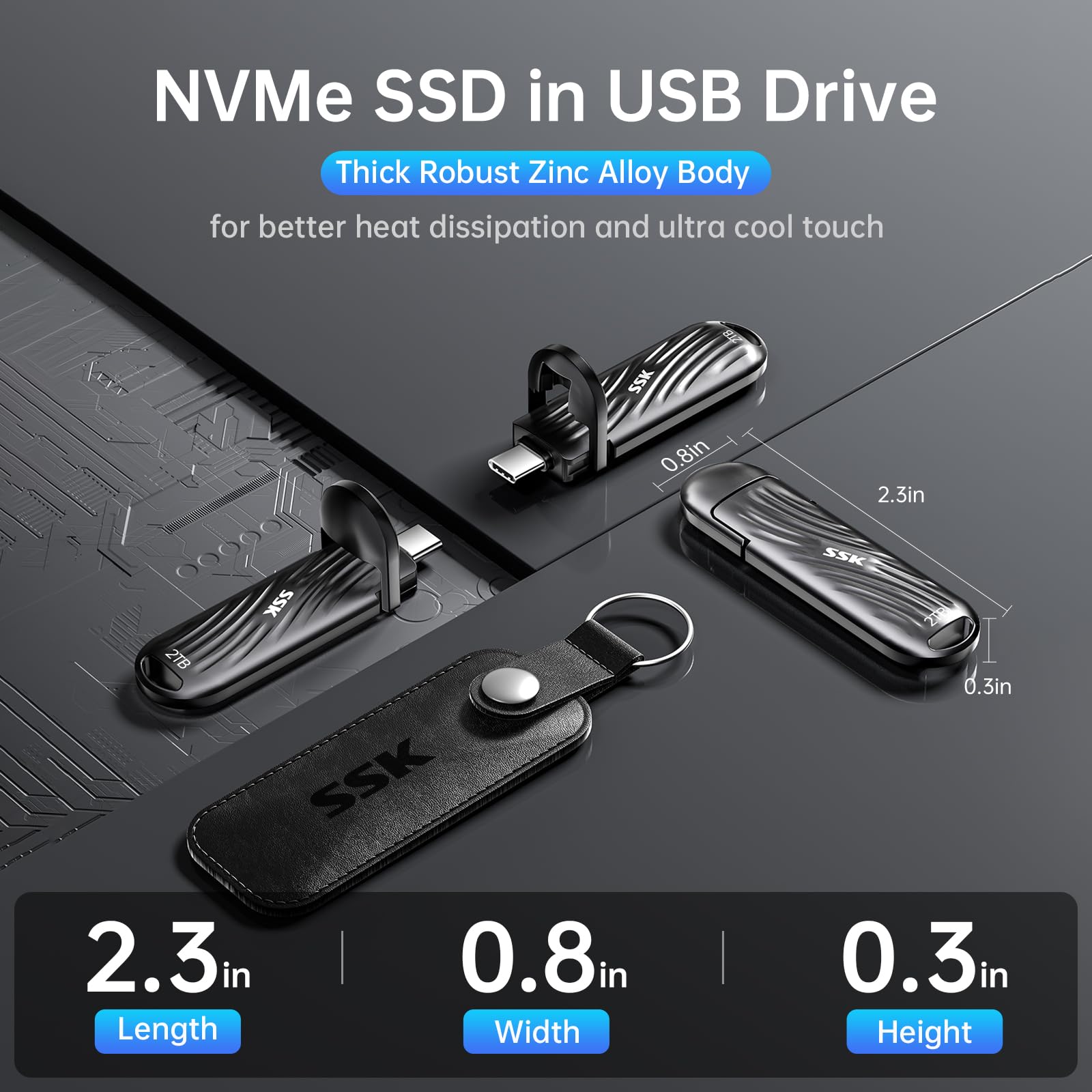 SSK 2TB External SSD USB C Drive- Up to 2000MB/s External Solid State Drives USB 3.2 Gen 2X2, Portable SSD Stick Ultra-Low Power Supports iPhone15/16 Pro ProRes Mac/WTG/Android, Zinc Alloy