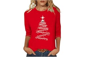 Christmas Shirts Women 3/4 Length Sleeve Womens Tops Xmas Tree Fall Tops Crewneck Trendy Tops Loose Shirt Blouse