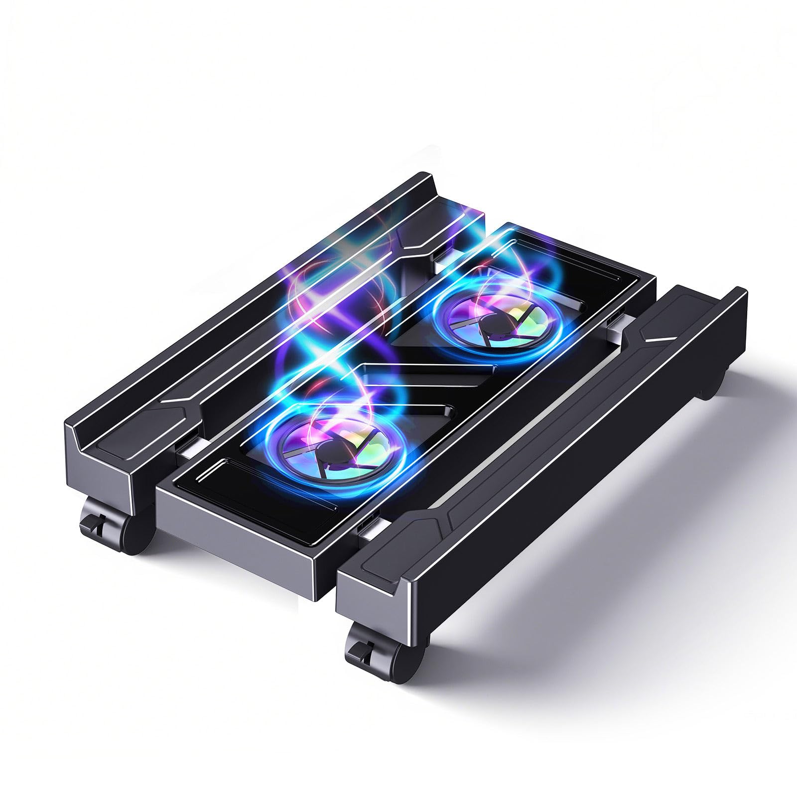 Photo 1 of ***MISSING ONE BRACKET***Hovadova Adjustable Computer Tower Stand with Cooler Fan and Light, PC Stand for Floor, Mobile CPU Holder with 4 Caster Wheels Fits Most PC Tower, Under Desk CPU Holder for Office,Gamers and Students