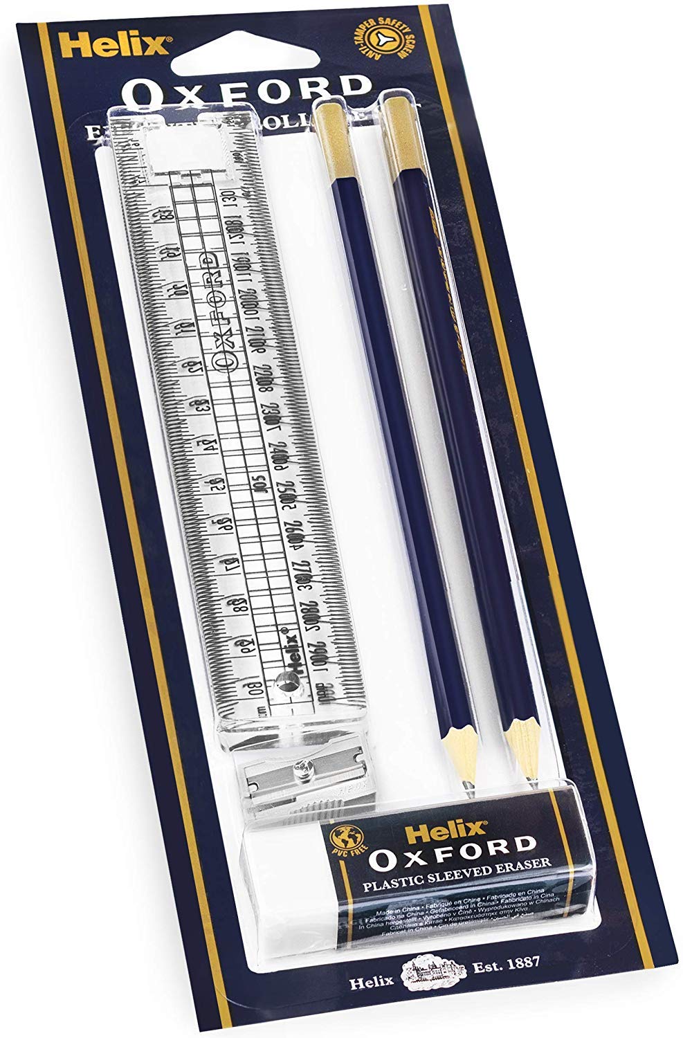 Helix Oxford Executive College Set - Includes Folding Ruler, Eraser, Sharpener and Pencils - Blister Pack of 5