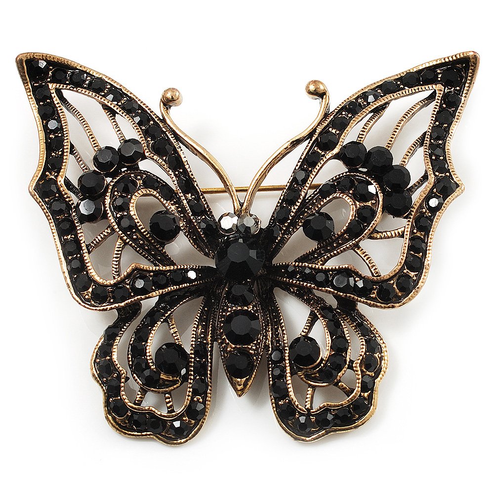 Vintage Black Crystal Butterfly Brooch (Antique Gold)