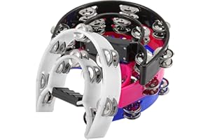 SINJEUN 4 Pack 10 Inch Double Row Tambourine, Metal Jingles Hand Held Percussion with Ergonomic Handle, 4 Colors Half Moon Musical Tambourine for Beginner, Church, KTV, Party