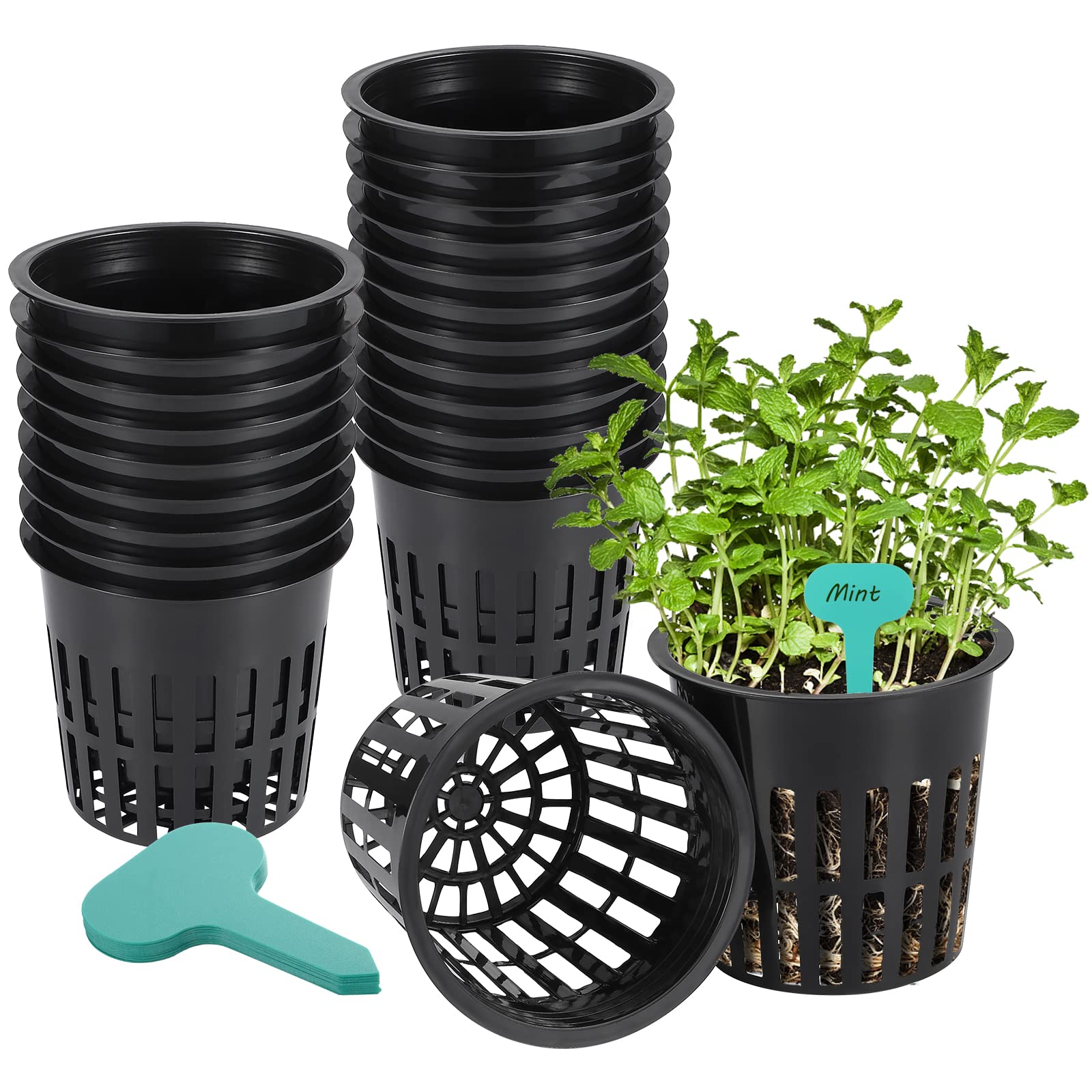 Moendergo 30PCS 4 inch Garden Net Cups Pots, Hydroponic Planting Mesh Pot Net, Plant Nursery Pots, Heavy Duty Net Slotted Mesh Pots for Hydroponics Garden Balcony Planting with Plant Labels