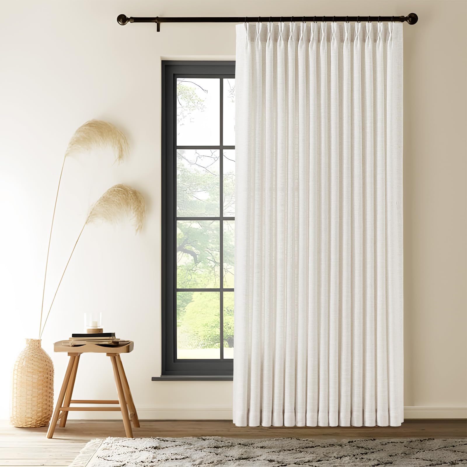 Photo 1 of Pinch Pleated Extra Wide Linen Curtains 90 Inch Long for Sliding Glass Door, Beige White Light Filtering Curtain Thick Semi-Sheer Pleat Drapes with Hooks 60 Inch Width for Living Room Farmhouse