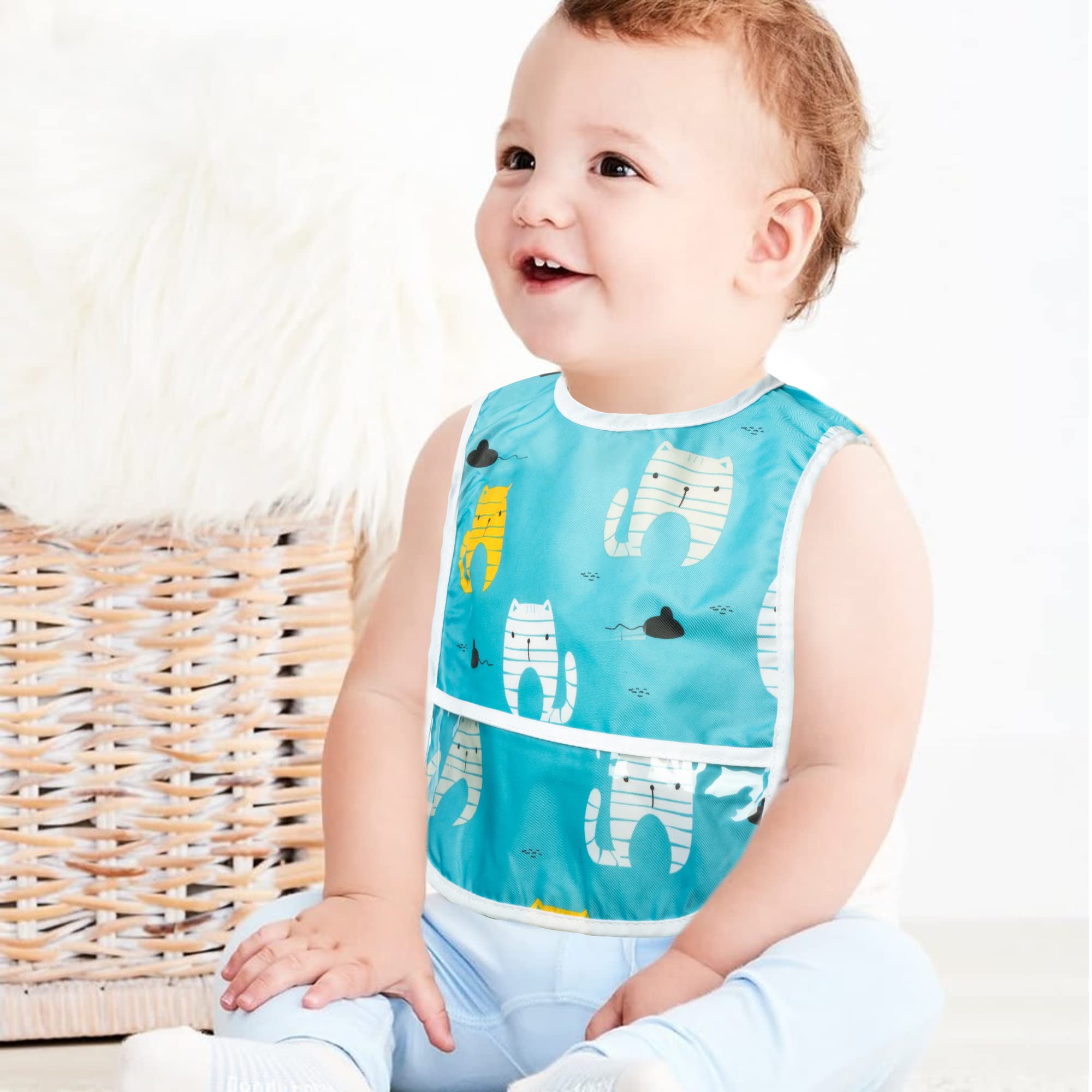 6Pcs Waterproof Toddler Bibs Baby Feeding Bib Set with Crumb Catcher Pocket Infant Adjustable Baby Teething Bib Babies Sleeveless Animals Food Bibs Keepsake Gift for Baby Shower, 6-24 Months