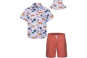 MOHEZ Boys Hawaiian Shirt and Short Set Summer Outfit Kids 2 Piece Clothes Set with Bucket Hat