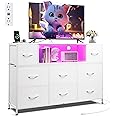WLIVE White Dresser for Bedroom, TV Stand for Bedroom for 55 inch TV with Charging Station and LED Lights, Fabric Chest of Drawers with Open Shelves, 8 Drawers Dressers for Living Room, Closet