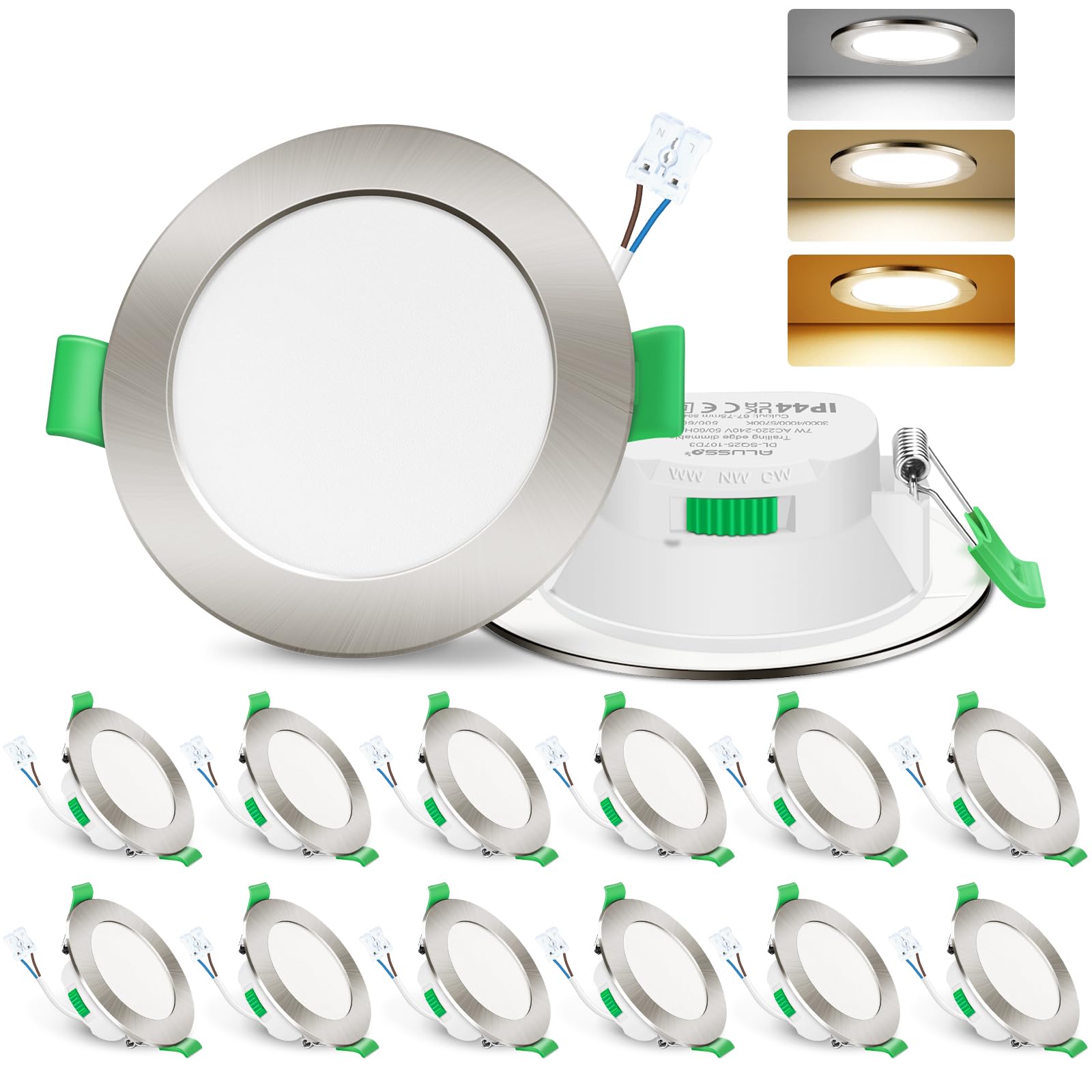 ALUSSO LIGHTING LED Recessed Ceiling Lights 7W Ultra Flat Dimmable Downlights IP44 Spotlights for Bathroom, 3000K Warm White 4000K Neutral White 6500K Cool White Adjustable, 12Pack Round Nickel