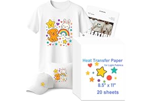 Efuncro Heat Transfer Paper for T-Shirts, 8.5"x11", 20 Sheets Printable Iron-On Transfer for Inkjet Printers – High Color Saturation, Durable Wash, Easy DIY for Light Fabrics