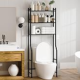 GloTika 3-Tier Over The Toilet Storage, Space Saver Metal Bathroom Shelves, Freestanding Above Over Toilet Storage Shelf with 4 Hooks for Bathroom, Black
