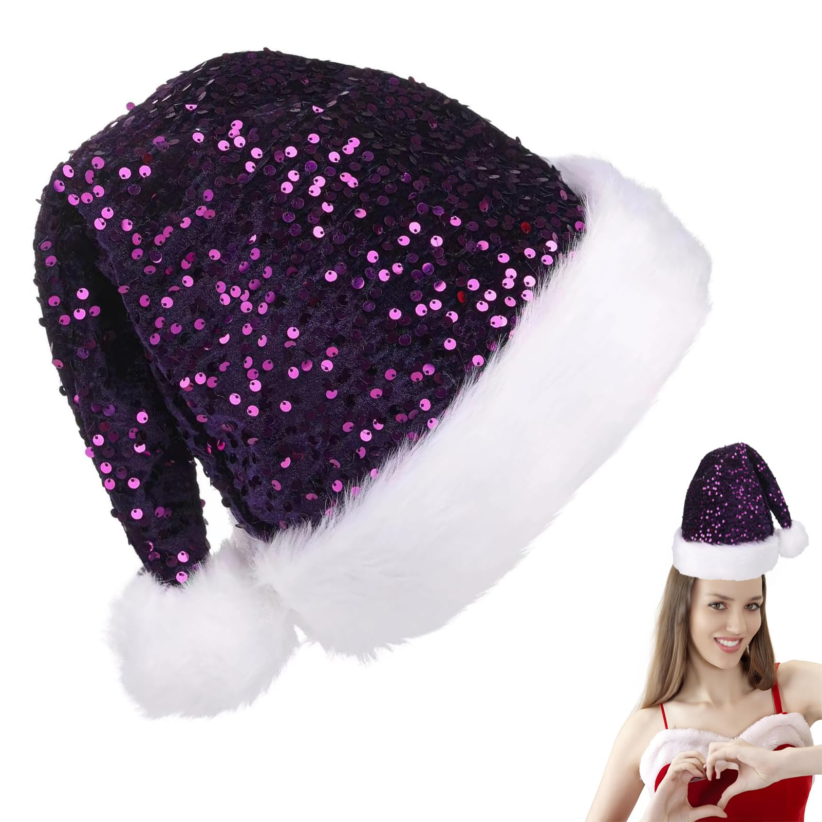 Christmas Sequin Santa Hat,Sparkly Royal Purple Christmas Sequin Hat for Adults,Luxury Santa Hats Christmas Cap Santa Claus Hats Father Xmas Costume Fancy Dress Accessory for Xmas New Year Party