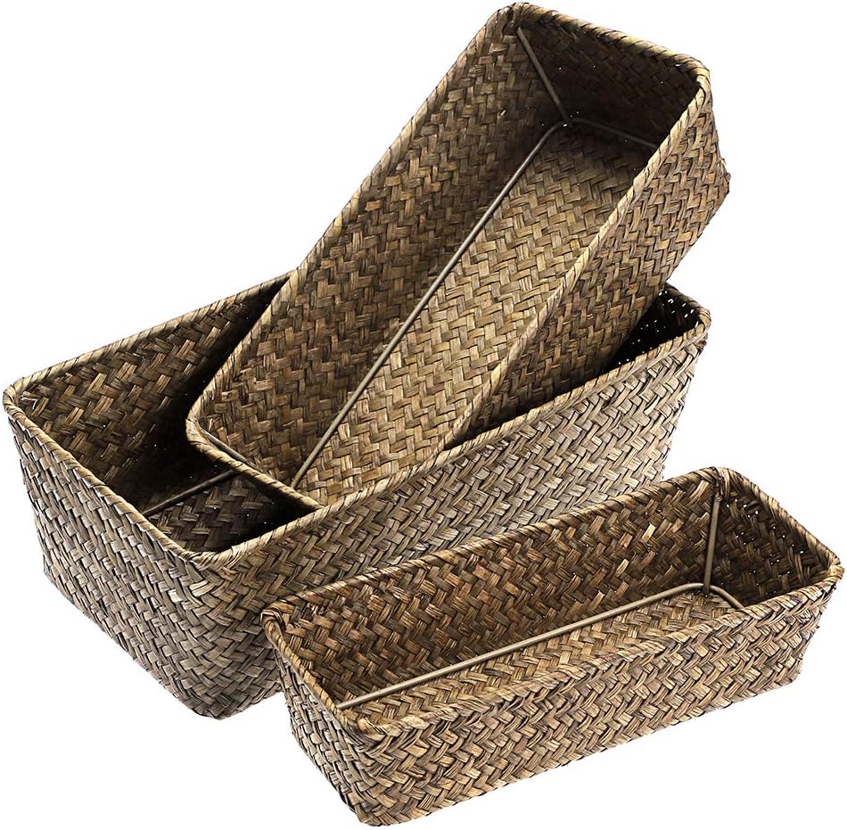 Sumnacon Set of 3 Natural Seagrass Natural Nesting Storage Baskets Handwoven Wicker Storage Bin Home Dried Flower Organizer Bins Countertop Baskets for Pantry Bread and Fruit Serving (Coffee)
