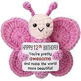 Weming Pink Crochet Butterfly Birthday Gift, Handmade 4" Amigurumi Plush with “Happy Birthday” Sign, Cute Desk Decor, Small Stuffed Butterfly for Tween