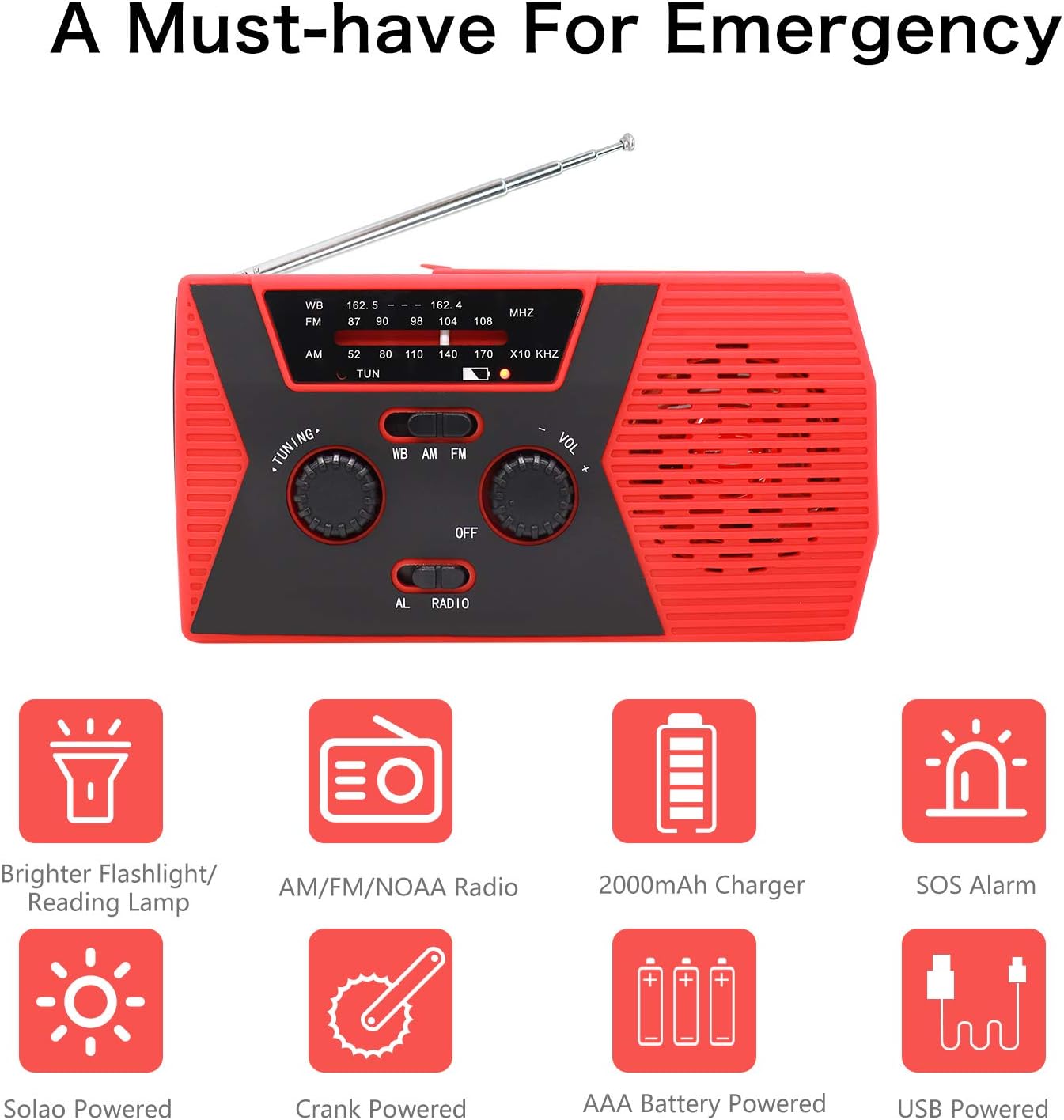 2020 Upgraded Emergency Solar Hand Crank Radio, RegeMoudal Hand Crank AM/FM/NOAA Weather Radio with Flashlight, Reading Lamp, 2000mAh Power Bank,USB Cell Phone Charger and SOS Alarm: Electronics