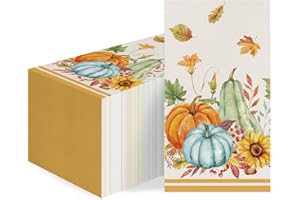 LINHAXM 100 Pcs Fall Paper Napkins – Thanksgiving Watercolor Pumpkin Sunflowers Guest Towels, Autumn Disposable Napkins for Kitchen Dinner Table, Harvest Party, Bathroom Decor